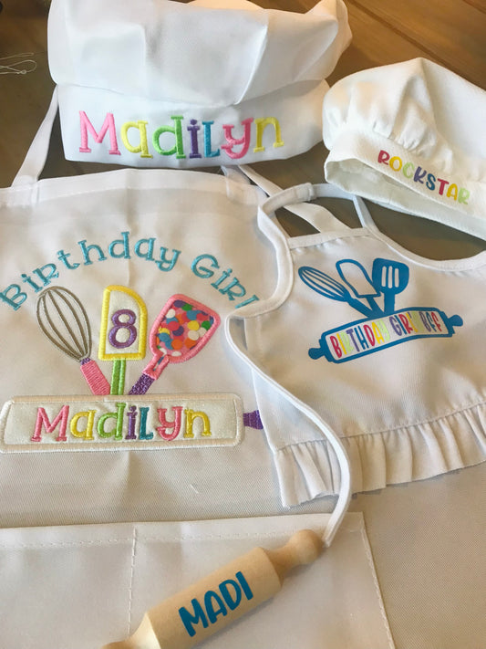 Kids and Doll Personalized Birthday Apron and Chef's Hat plus Doll Apron and Hat for Baking Birthday